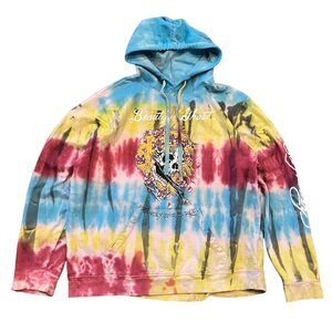 Ed Hardy 'Beautiful Shout' Tye Dye Pullover Hoodie Sz Large Blue Pink Yellow
